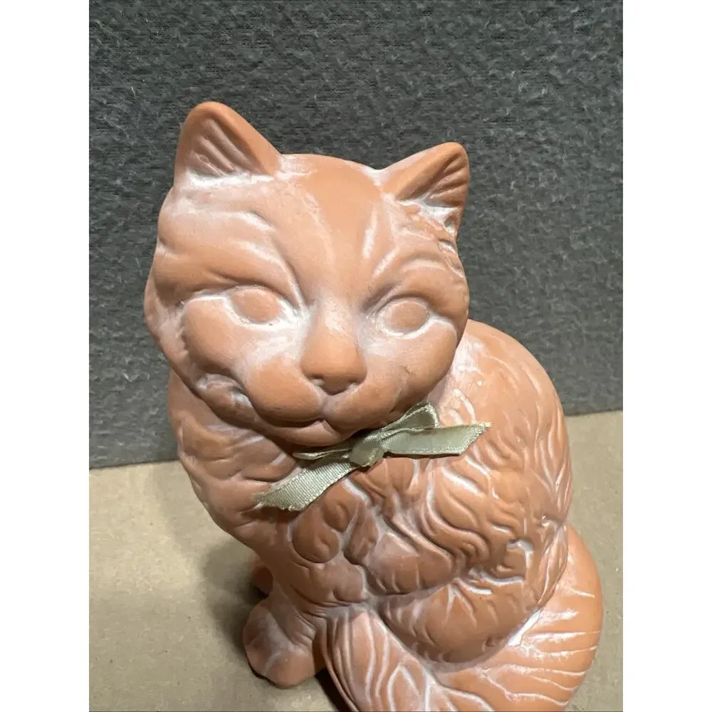 Vintage Terracotta Sitting Cat With Bow Made In Taiwan